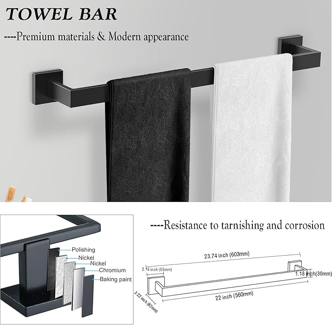 BOZWELL 4 Pieces Matte Black Bathroom Hardware Accessories Set Square Towel Racks for Bathroom 23.6 inch Stainless Steel Towel Bar Set Wall Mounted
