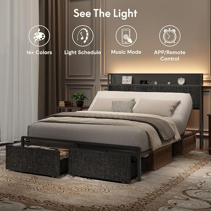 FLEXISPOT Queen Adjustable Bed + 10" Cooling Gel Memory Foam Mattress, Storage Headboard, Charging Station, LED Light, Drawers, Quiet DC Motor, Easy Assembly – Bonus 4-Piece Queen Sheet Set Included