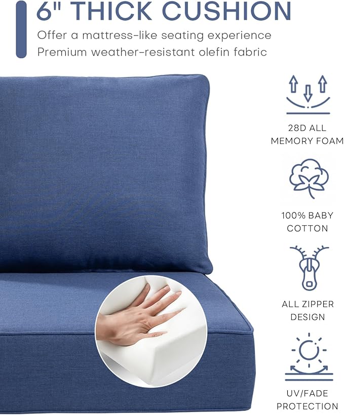 Luxury 24x24x6 Inch Outdoor Cushions - Water&UV&Fade Resistant 1 Set Deat Seat Patio Furniture Cushion for Wicker Dining Rocking Swivel Chairs Loveseat Couch Sectional Sofa - Navy Blue