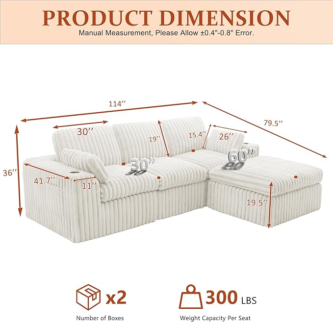 114" Cloud Boneless Sectional Couches for Living Room, Modular Sectional Sofa with Cup Holder, Cozy Fluffy L Shaped Deep Seat Boneless Couch with Storage Pocket, No Assembly Required, White