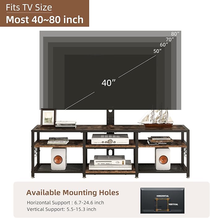 VECELO 71" TV Stand with Mount and Power Outlets, Entertainment Center with Open Storage Shelves, Height Adjustable Mount up to 80”, Wooden Table and Metal Frame for Living Room, Rustic Brown