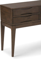 SIMPLIHOME Harper Console Table - 40 Inch Wide Solid Hardwood Sofa Table in Walnut Brown, Mid-Century Modern Storage Table for Entryway or Living Room with 4 Drawers, Notched Handles, and Tapered Legs