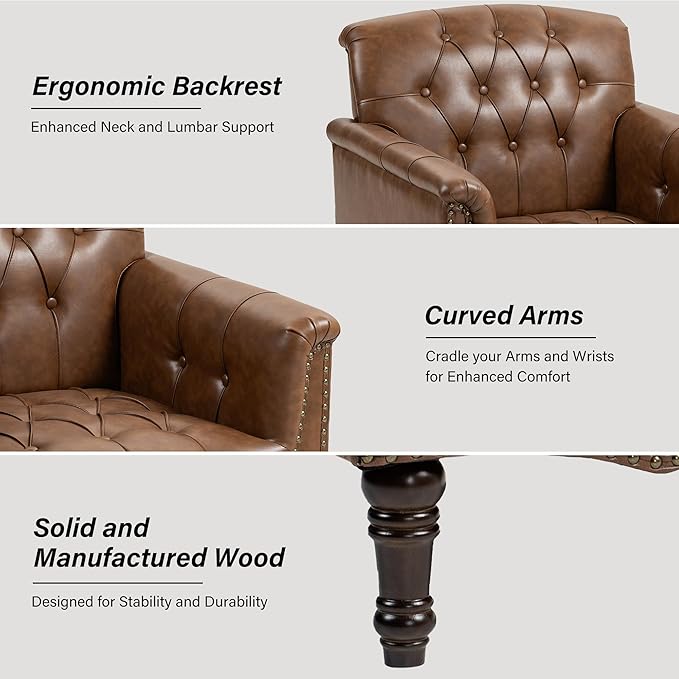 Faux Leather Accent Chair, PU Leather Modern Comfy Upholstered Armchair with Wood Legs & Nailhead Trim for Living Room, Bedroom (Brown,Set of 2)