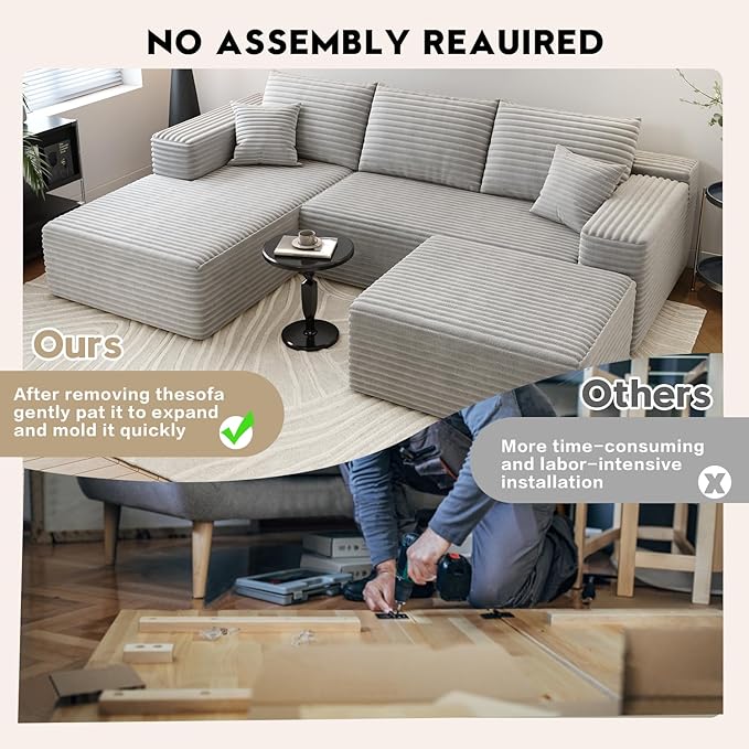107.5" Cloud Sectional Couch with 1 Ottoman,Modern Modular Sofa with Deep Seat, Comfort U Shaped Sofa Couches for Living Room Bedroom Apartments,No Assembly Required, (Grey,Left Facing Chaise)