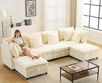 133" Modular Sectional Sofa, L-Shaped Corduroy Comfy Sectional Couches for Living Room, 3-Seater Cloud Couches with 1 Ottoman, Modern Deep Seat Sofa with Large Storage, Corduroy Beige