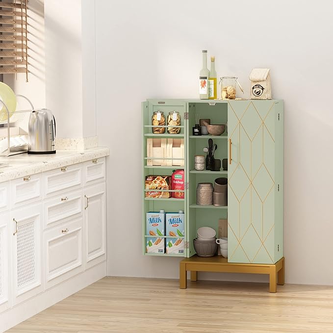 ARTPOWER 45'' Kitchen Pantry Cabinet, 4 - Layer Storage Cupboard with Adjustable Shelves for Storage Cabinet Pantry, Food Pantry Cabinet for Kitchen, Dining Room and Living Room,Gold Legs, Green