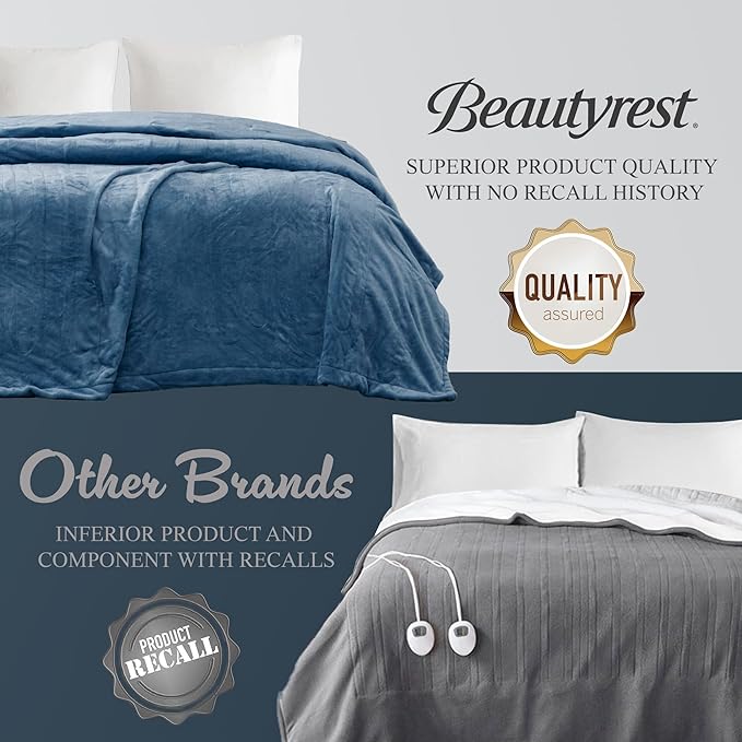 Beautyrest Heated Electric Blanket for Cold Weather, Fast Heating Heated Blanket, Auto Shut Off, Virtually Zero EMF, Multi Heat Setting, UL Certified, Sapphire Queen (90 inx84 in)