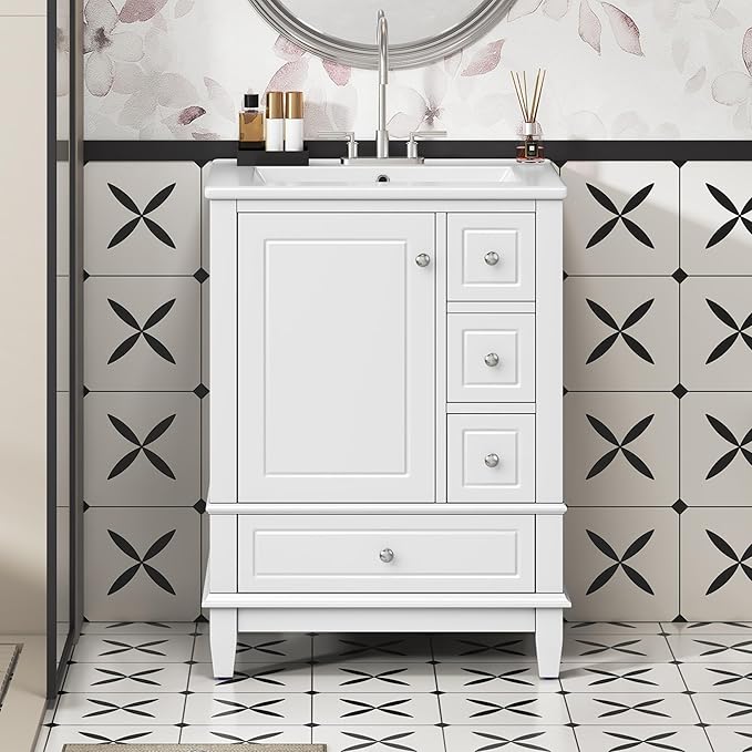 24 Inch Bathroom Vanity with Sink, Freestanding Bathroom Sink Cabinet with 3 Drawers and Storage Door Rack Organizer, Solid Wood Legs, White