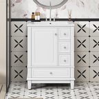 24 Inch Bathroom Vanity with Sink, Freestanding Bathroom Sink Cabinet with 3 Drawers and Storage Door Rack Organizer, Solid Wood Legs, White