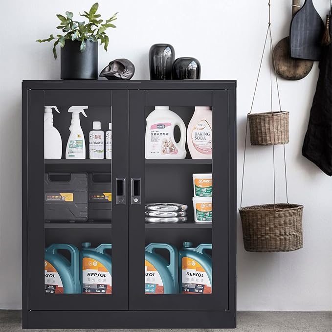 SISESOL Black Metal Storage Cabinet with Doors and Shelves,36 inch Locking Display Cabinet with Acrylic Doors,Office Cabinets with Lock,Sideboard Cabinets for Home Office,Living/Dining/Utility Room,