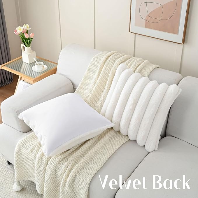 FUTEI Cream White Decorative Throw Pillow Covers 22x22 Inch Set of 2, Square Soft Faux Rabbit Fur Thick Striped Cushion Cover,Winter Home Decor for Couch Bed Living Room