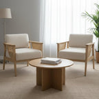 Mid Century Modern Accent Chair Set of 2, Rattan Armchair with Wood Legs Living Room Chair Linen Upholstered Lounge Chair for Bedroom Reading Room, Beige
