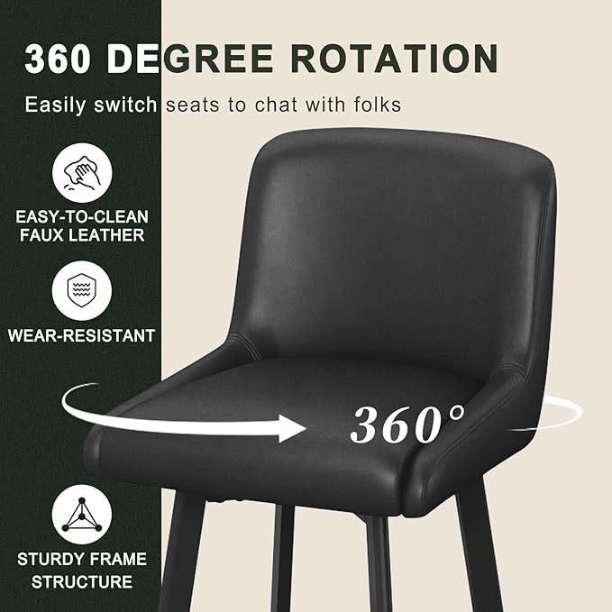 Swivel Bar Stools, 30''H Upholstered Barstools with Backs, Modern Counter Height Bar Stool Chairs for Kitchen Island, Metal Legs (Black- Faux Leather, Set of 2-30" H)