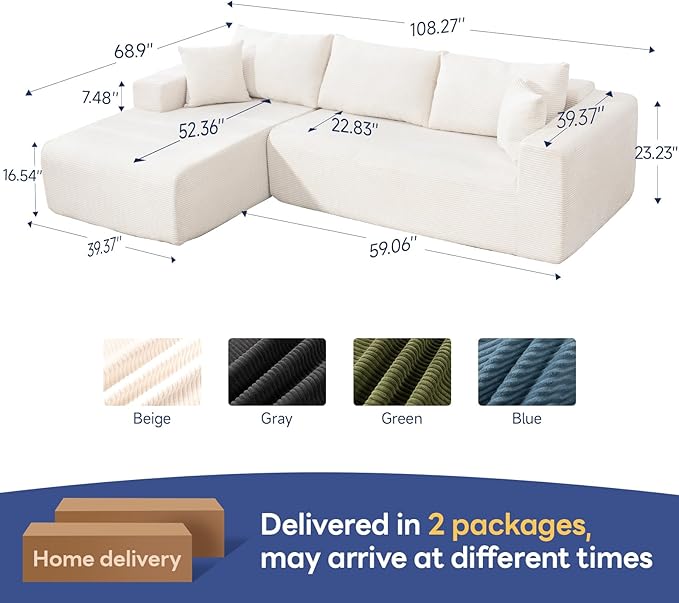 2025 New 108" Cloud Couch Sectional, Modular Sectional Sofa with L-Shaped Chaise, Deep Seat Sectional Modular Couch for Living Room, No Assembly Required (Beige, Left Facing Chaise)