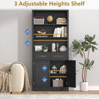 72'' Tall Bookcase with Doors and Drawers, Adjustable Shelves, P2 MDF Construction, 32'' Wide Freestanding Cabinet with Metal Handles, Hidden Storage for Living Room, Bedroom, Black