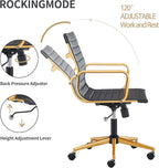 COROCC Office Desk Chair Modern Conference Room Task Chairs Leather Computer Swivel Excutive Ribbed Ergonomic Rolling Comfortable Chair for Home Office Black and Gold Chair
