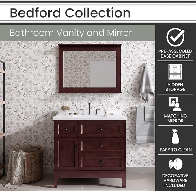 Hanover 36 Set Includes w, Brown Bedford 36'' Vanity Sink Combo for Bathroom, Powder Room | Pre-Assembled 1 Door, 3 Drawers | Accent Mirror | Artificial Stone Countertop, Cabinet, 36 inches