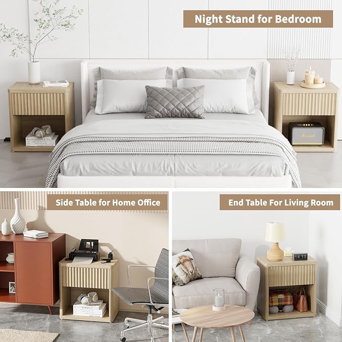 Large Modern Nightstand with Drawer Storage 22.8Inch Wide Fluted Bedside Table End Table for Bedroom, Living Room, Sofa, Couch, Home Office，Mid Century Bed Stands, Natural Color