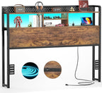 Unikito Headboard for Queen Size Bed with Storage Shelf, Head Board with 3 Outlets and 2 USB Ports, Headboards with RGB LED Light, Height Adjustable, Sturdy and Stable, Easy Assembly, Rustic Brown