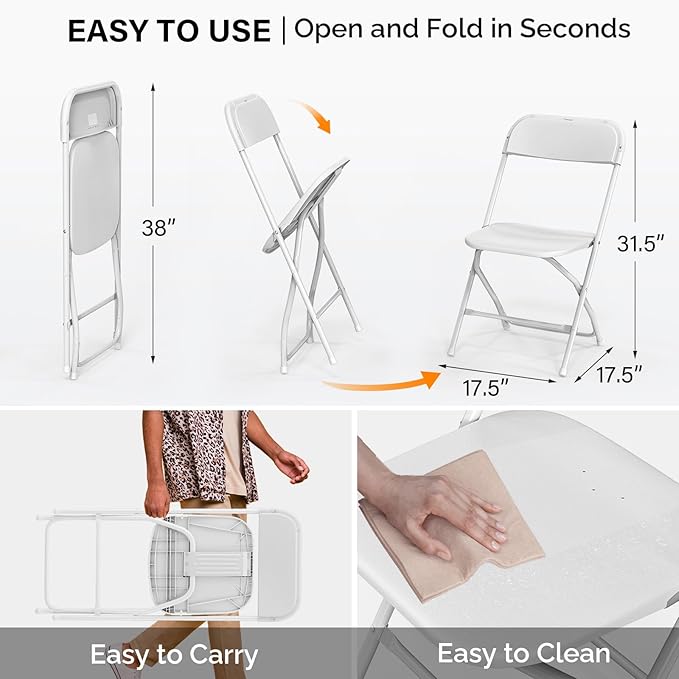 VINGLI 12 Pack White Plastic Folding Chair, Indoor Outdoor Portable Stackable Commercial Seat with Steel Frame 350lb. Capacity for Events Office Wedding Party Picnic Kitchen Dining