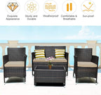 COSTWAY 4PCS Rattan Patio Furniture Set, Outdoor Wicker Rattan Chairs with Coffee Table, Rattan Cushioned Conversation Set for Backyard Balcony Porch Poolside, Brown