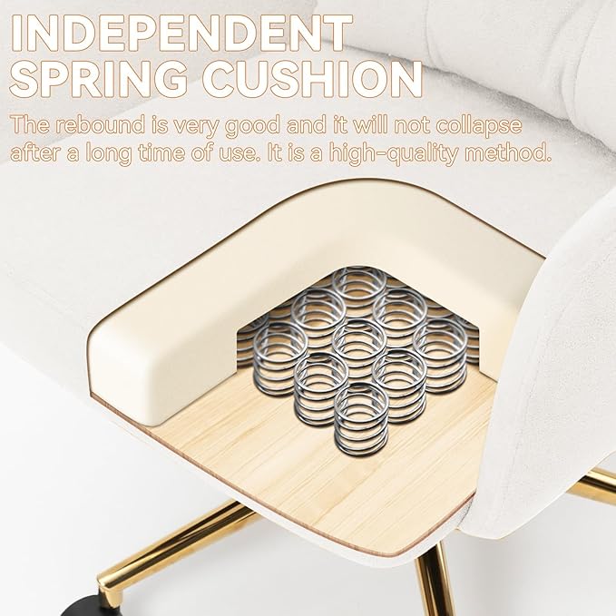 Plush Fabric Office Chair Vanity Chair Comfy Home Office Desk Chairs with Lumbar Support, Modern Plush Fabric Desk Gold Legs Swivel Task for Home Office Bedroom Study White Upgraded Version