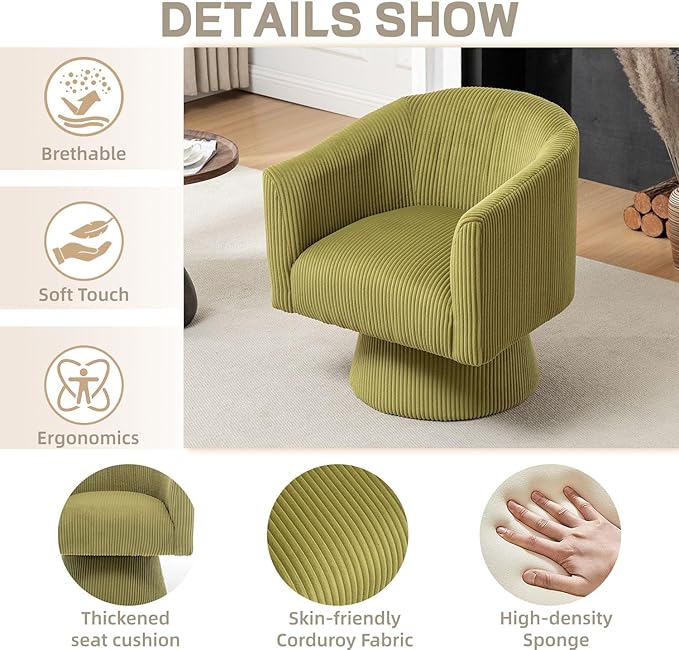 Swivel Accent Chair, Modern 360° Swivel Barrel Chair, Corduroy Upholstered Single Sofa for Living Room, Bedroom(Mint Green)