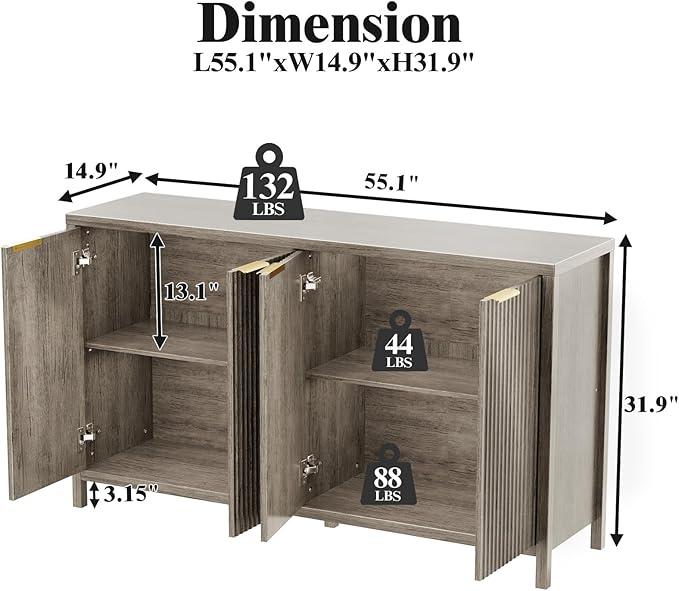 Fluted Sideboard Buffet Cabinet, 55" Large Storage Buffet Cabinet with 4 Doors and Adjustable Shelves, Modern Sideboard Console Table for Living Room,Entryway,Dinning Room,Kitchen-Grey