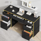 58 Inch Executive Desk with 7 Drawers, Black and Gold Desk with File Drawers for Bedroom, Home Office Desk with Storage for Study, Living Room