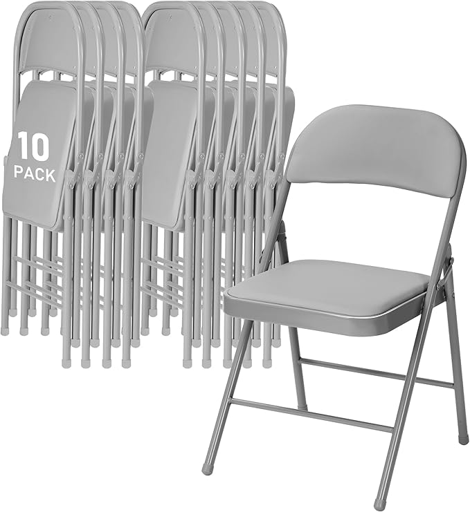SEALAMB 10 Pack Grey Folding Chairs with Padded Seats & Cushion, Durable Metal Foldable Chairs for Wedding Party, Commercial Chairs for Office School Church Events, 330lb Capacity (Grey-PU, 10 Pack)
