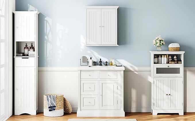 ChooChoo 67" Tall Bathroom Storage Cabinet Freestanding with Adjustable Shelves, Narrow Storage Linen Cabinet with 2 Doors and 1 Drawers for Bathroom, Living Room, Kitchen, White