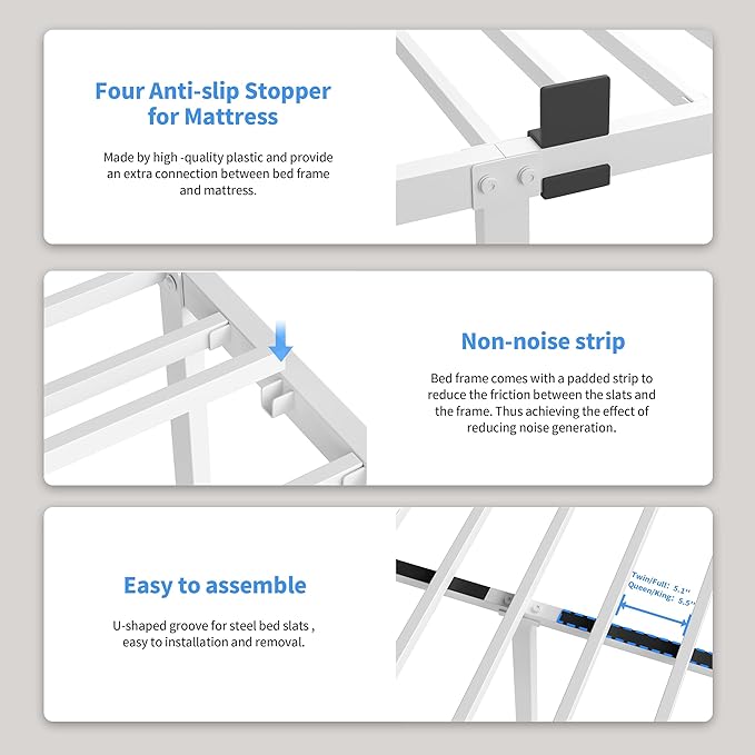ROIL 14 Inch White Twin Size Bed Frame with Rounded Corner and Headboard Hole Mattress Retainers 3500LBS Heavy Duty Steel Slats No Box Spring Needed Platform Noise-Free Easy Assembly