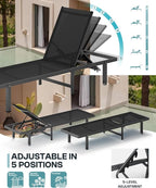 Pool Lounge Chairs Set of 2，Outdoor Lounge Chairs with Wheels and 5-Position Recliner -Easy to Move- Aluminum Patio Lounge Chair for Poolside, Deck (Black)