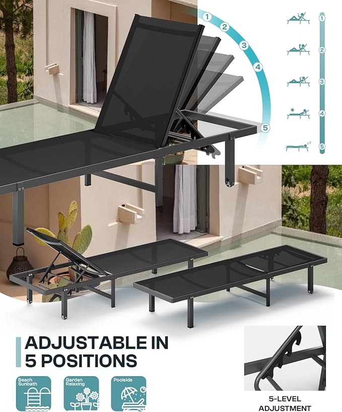 Pool Lounge Chairs Set of 2，Outdoor Lounge Chairs with Wheels and 5-Position Recliner -Easy to Move- Aluminum Patio Lounge Chair for Poolside, Deck (Black)