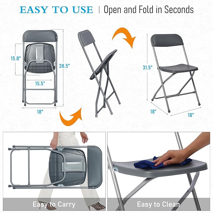 10 Pack Gray Plastic Folding Chairs for Outside, Portable Stackable Commercial Metal Foldable Chairs with Steel Frame for Home Events Office Wedding Party, 350lbs Capacity