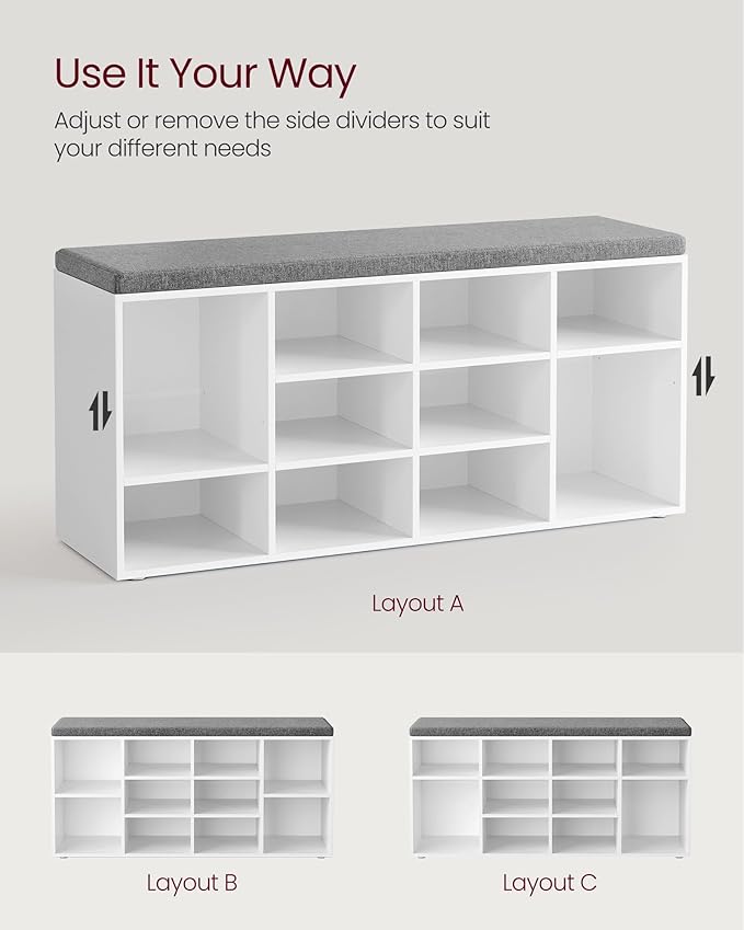 VASAGLE CUSTOS Collection - Shoe Bench, Storage Bench with Padded Seat, Entryway Bench with 12 Compartments, for Bedroom, 11.9 x 40.9 x 18.9 Inches, Cloud White and Slate Gray ULHS012W14