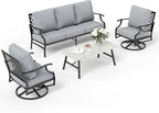 4 Piece Metal Outdoor Patio Furniture Set, Patio Conversation Sets 1 3-seater Sofa, 2 Swivel Chair with 5.75" Extra Thick Cushion and Coffee Table, Black Frame Backyard Furniture, Gray
