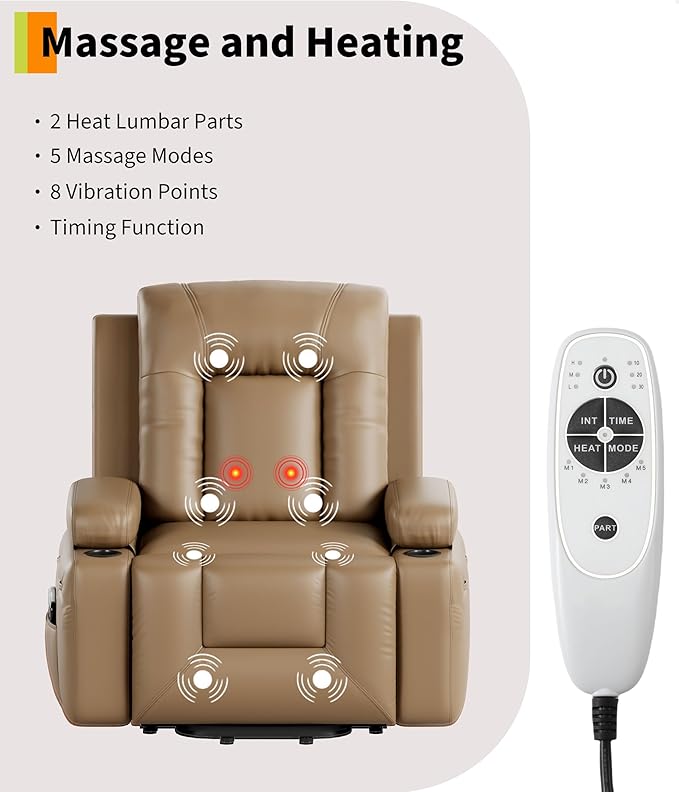 GarveeHome Electric Lift Recliner Chair - Heat and Massage, PU Leather Power Lift Recliner for Elderly & Mobility Impaired, Adjustable Back and Legs, Heavy Duty Lift Chair for Seniors