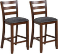 COSTWAY Set of 2 Counter Height Bar Stool, 25.5-Inch Upholstered Bar Stools with Solid Rubber Wood Frame, Foam-Padded Cushion, Footrest, Kitchen Chair for Bistro, Living Room, Grey and Brown
