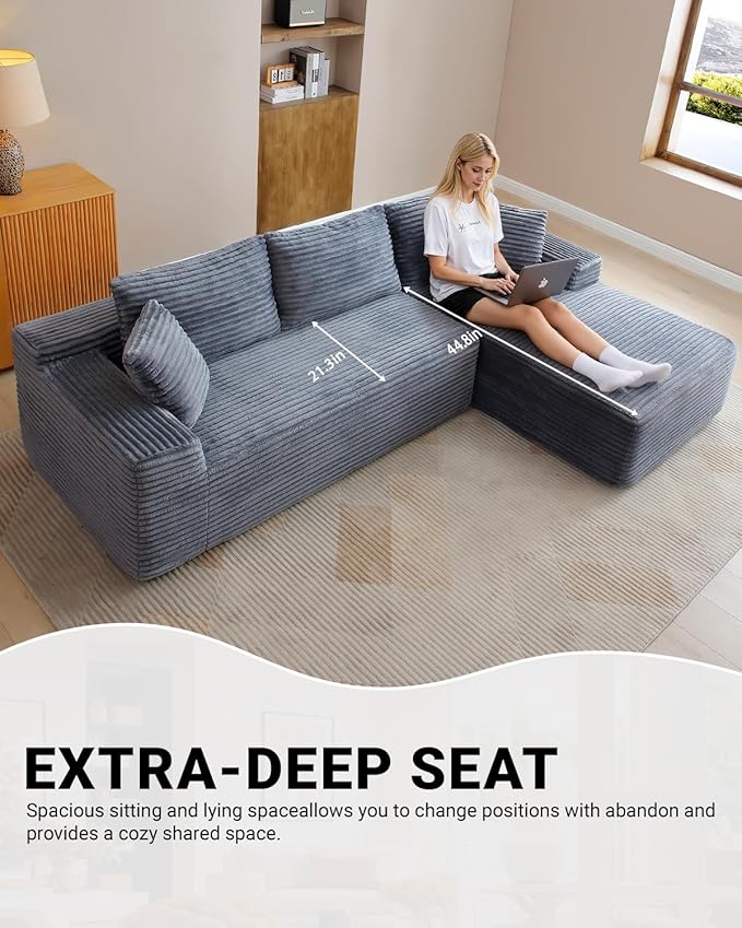 95 Inch Cloud Sectional Couch,Modular Sectional Sofa with Deep Seat,Modern Corduroy Boneless Couches with L-Shape Chaise for Living Room Bedroom,No Assembly Required (Grey, Right Facing Chaise)