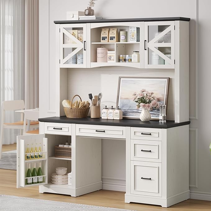 ONBRILL 72" H Farmhouse Executive Desk with Hutch, Office Desk, Computer Desks with Charging Station, Computer Workstations with 5 Drawers and Storage Cabinet for Home, Office, Off White & Black