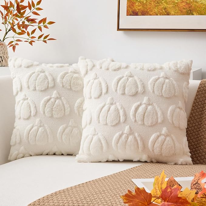 Kevin Textile Fall Pillow Covers 20x20 Inch Set of 2 Soft Pumpkins Decorative Square Pillowcases Plush Autumn Faux Fur Cushions Harvest Gift for Couch Sofa Chair Bedroom Home Decor, Cream White