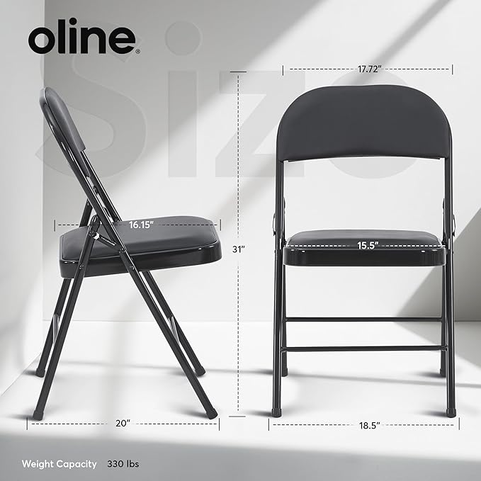 Oline Vinyl Folding Chairs, Padded Vinyl Cushion Chairs with Durable Metal Frame, Indoor Outdoor Stackable Foldable Guest Chairs for Office Wedding Kitchen Dining, 300lb Capacity (Black, 1 Pack)