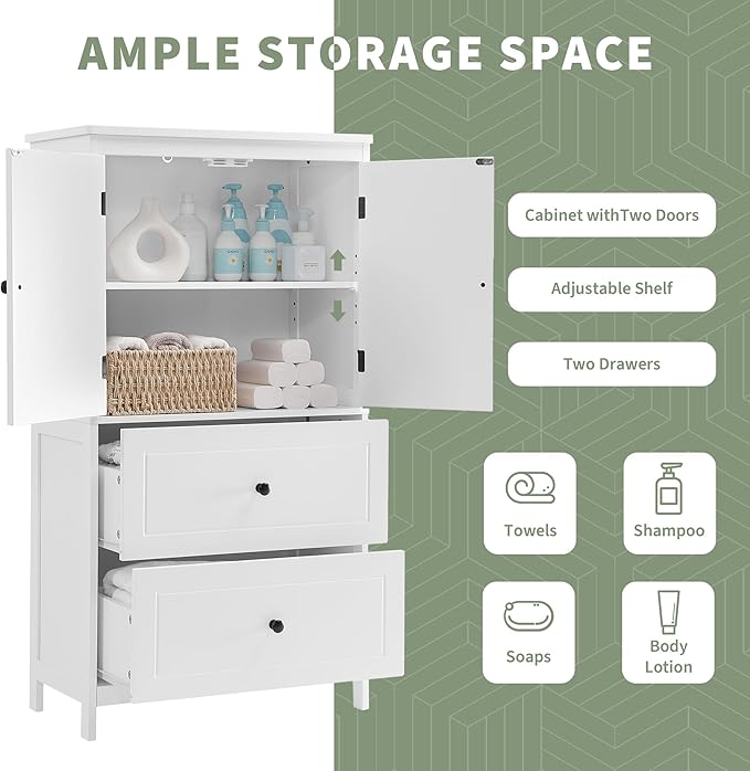 Tall Storage Cabinet, Bathroom Floor Freestanding Storage Cabinet with 2 Doors and 2 Drawers for Bathroom, Office, Living Room, White