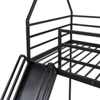 Twin Over Twin Bunk Bed with Slide,House Shaped Bedframe w/Ladder, Heavy Duty Low Bunk Bed Frame with Guardrail,No Box Spring Needed & Easy Assemble(Black)