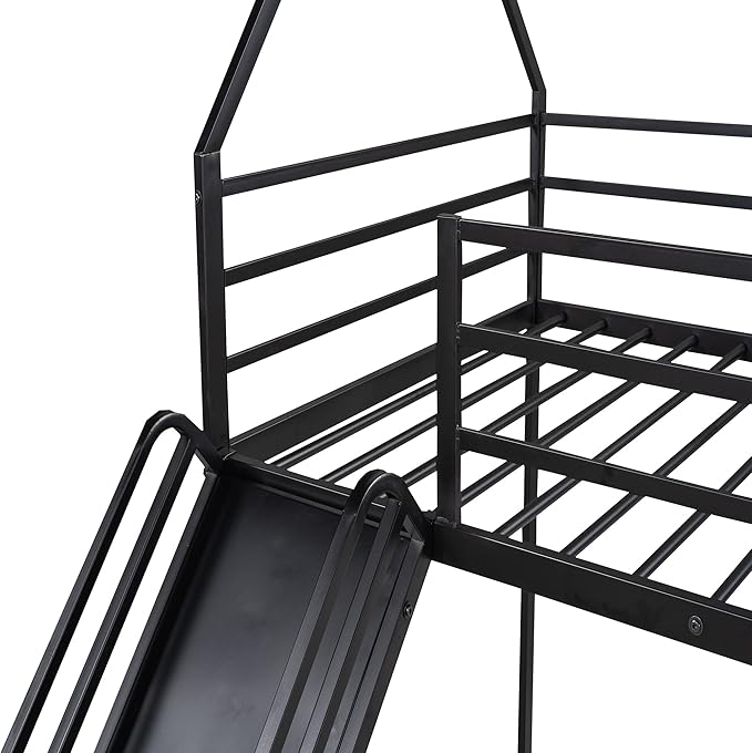 Twin Over Twin Bunk Bed with Slide,House Shaped Bedframe w/Ladder, Heavy Duty Low Bunk Bed Frame with Guardrail,No Box Spring Needed & Easy Assemble(Black)