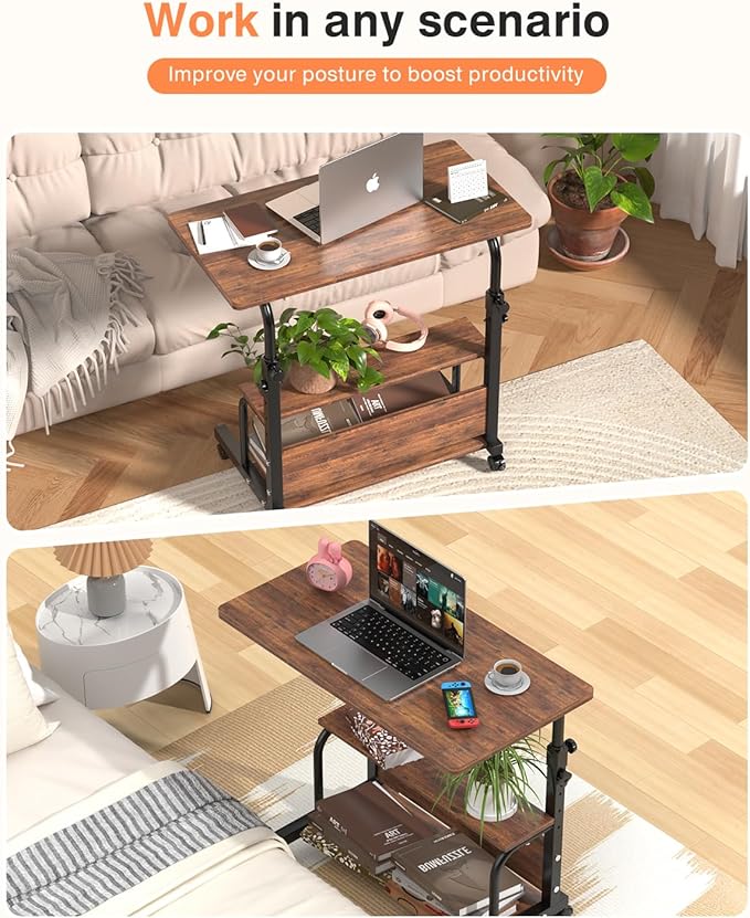 Portable Rolling Desk on Wheels Adjustable Height Desks for Small Spaces, 32" Computer Desk with Storage Shelves for Home Office Rustic