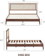 NTC Ruby Wooden Bed Frame with Headboard and Natural Rattan, Solid Oak/Rubber Wood Foundation with Silent Slats, 1000 Lb Capacity, Effortless Assembly (Natural Cane - Dark Walnut, King)
