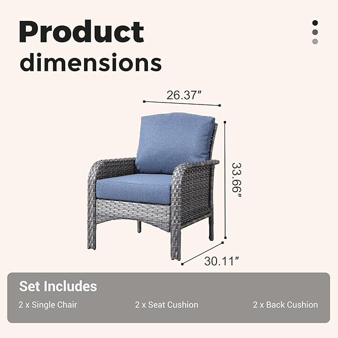 2 Pieces Wicker Patio Chairs - Outdoor Rattan Chairs Set of 2,All-Weather PE Wicker Dining Chair Set with High Back and Deep Seating for Deck Porch,Blue