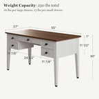 EUREKA ERGONOMIC Farmhouse Writing Desk, 55" Executive Office Desk with 3 Drawers,Keyboard Tray,Mid-Century Modern Computer Desk w Solid Wood Legs,Birch Finish,Antique White